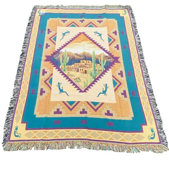 Sedona Sunset Southwest Kokopelli Gecko Desert Cactus Tapestry Afghan Throw - Picture 1 of 2